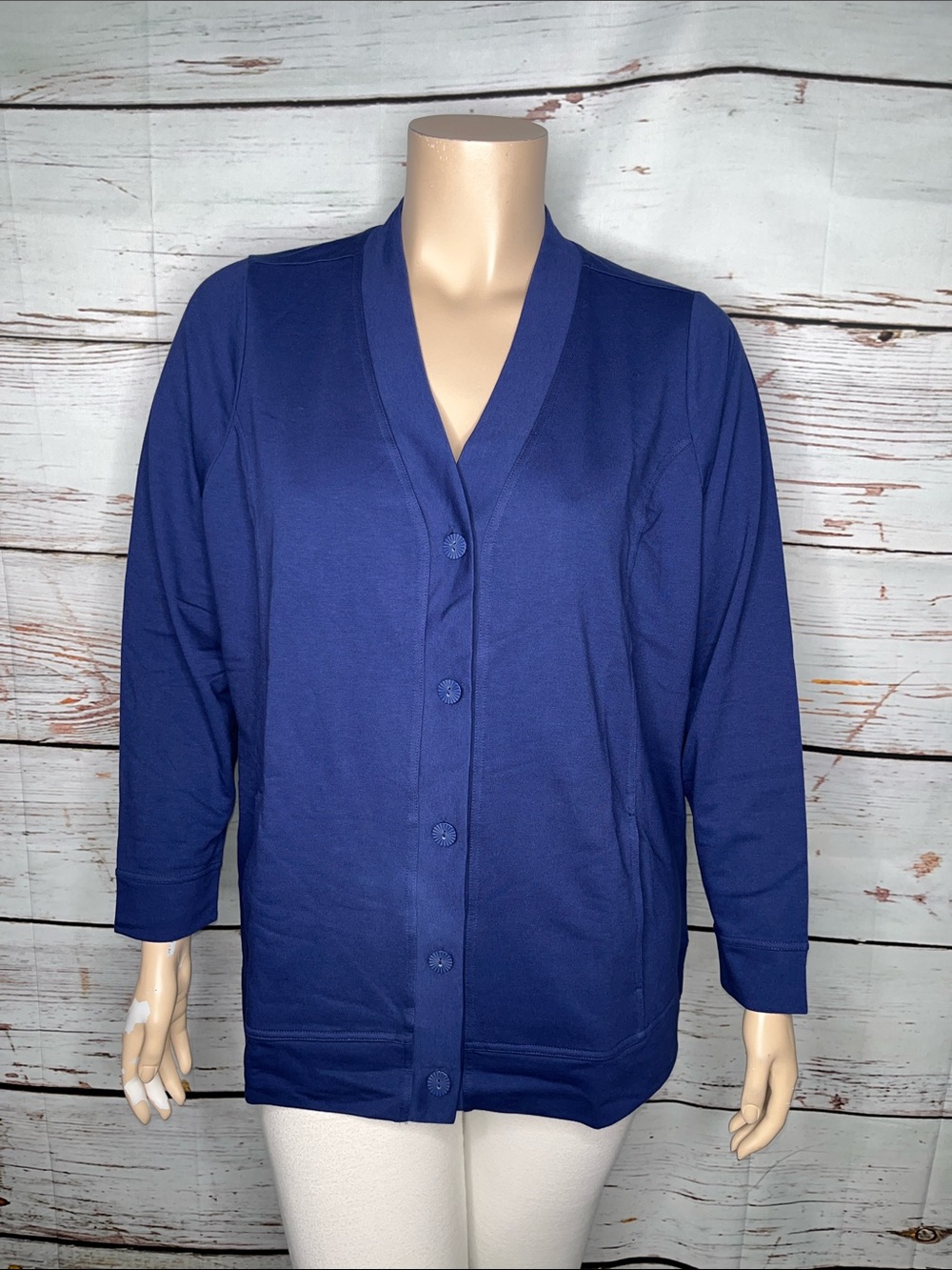 Denim & Co. NWT Size 2X Navy Blue Cotton Knit Button Down Cardigan w/ Pockets